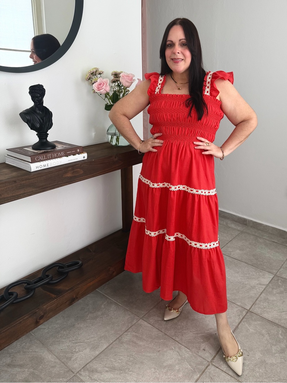 Very J Red Smocked Tiered Midi Dress with Lace Insets